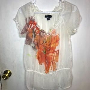 AB Studio white sheer floral top size Medium